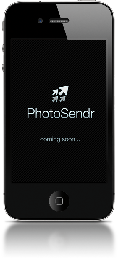 iPhone showcasing a screenshot of the PhotoSendr App.