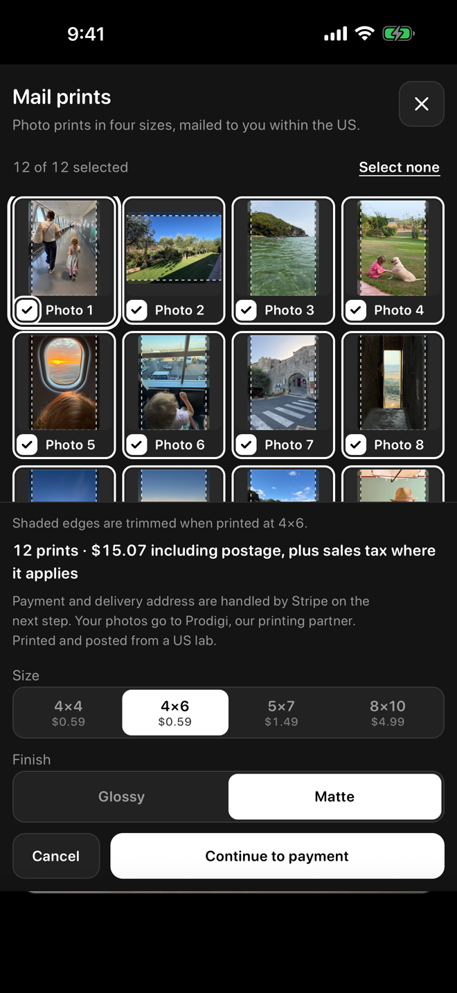 A shared gallery's Mail prints sheet in iPhone Safari: twelve trip photos ticked, sizes from 4x4 to 8x10, glossy or matte, and the total including postage