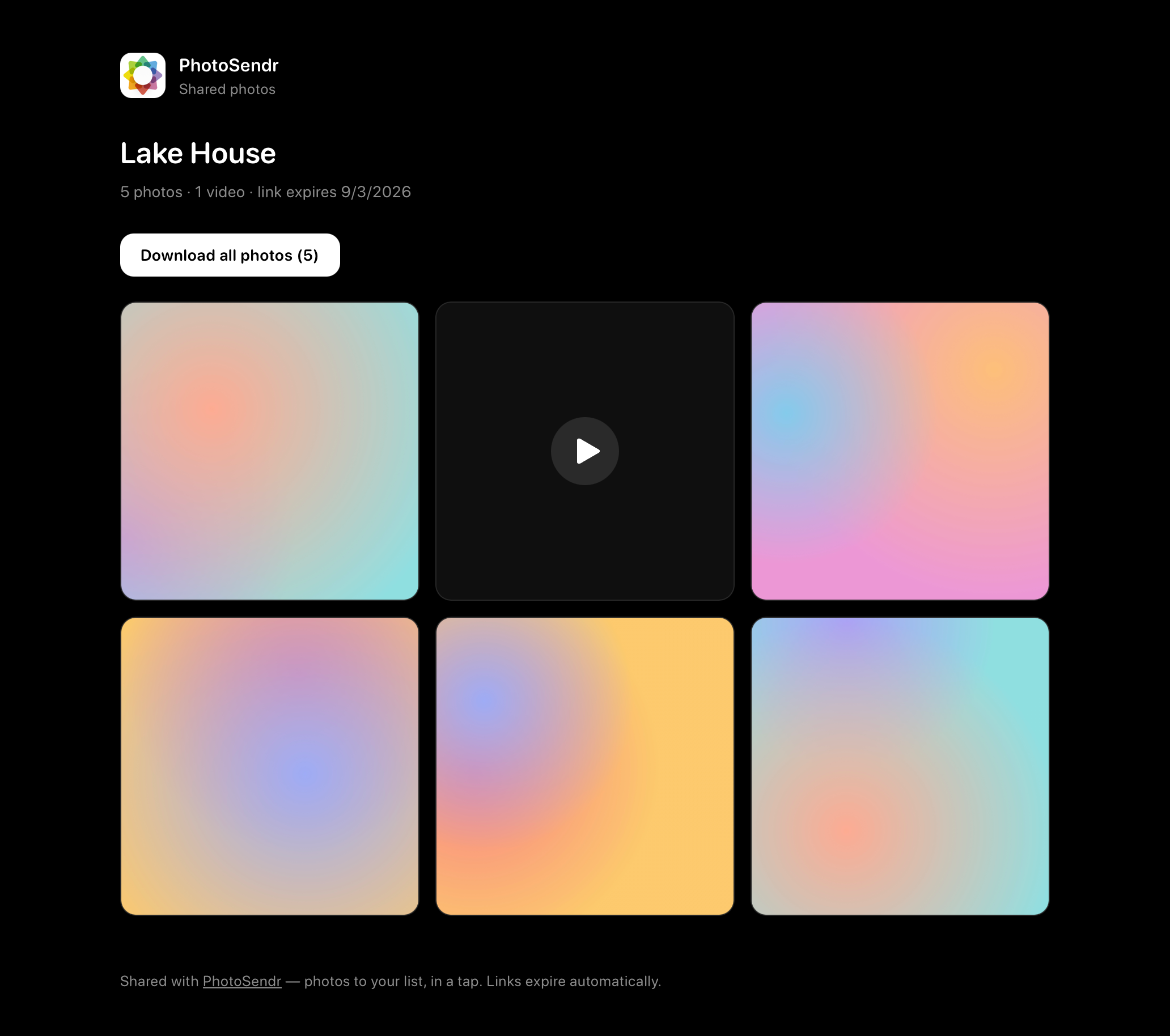 A shared PhotoSendr link open in Safari on iPad