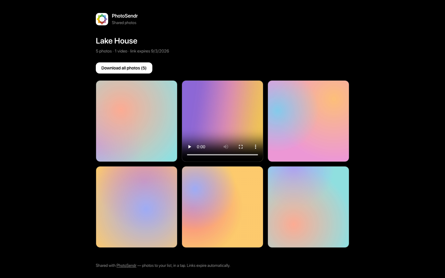 A shared PhotoSendr link open in a desktop browser: photo grid, video player, and a Download all photos button